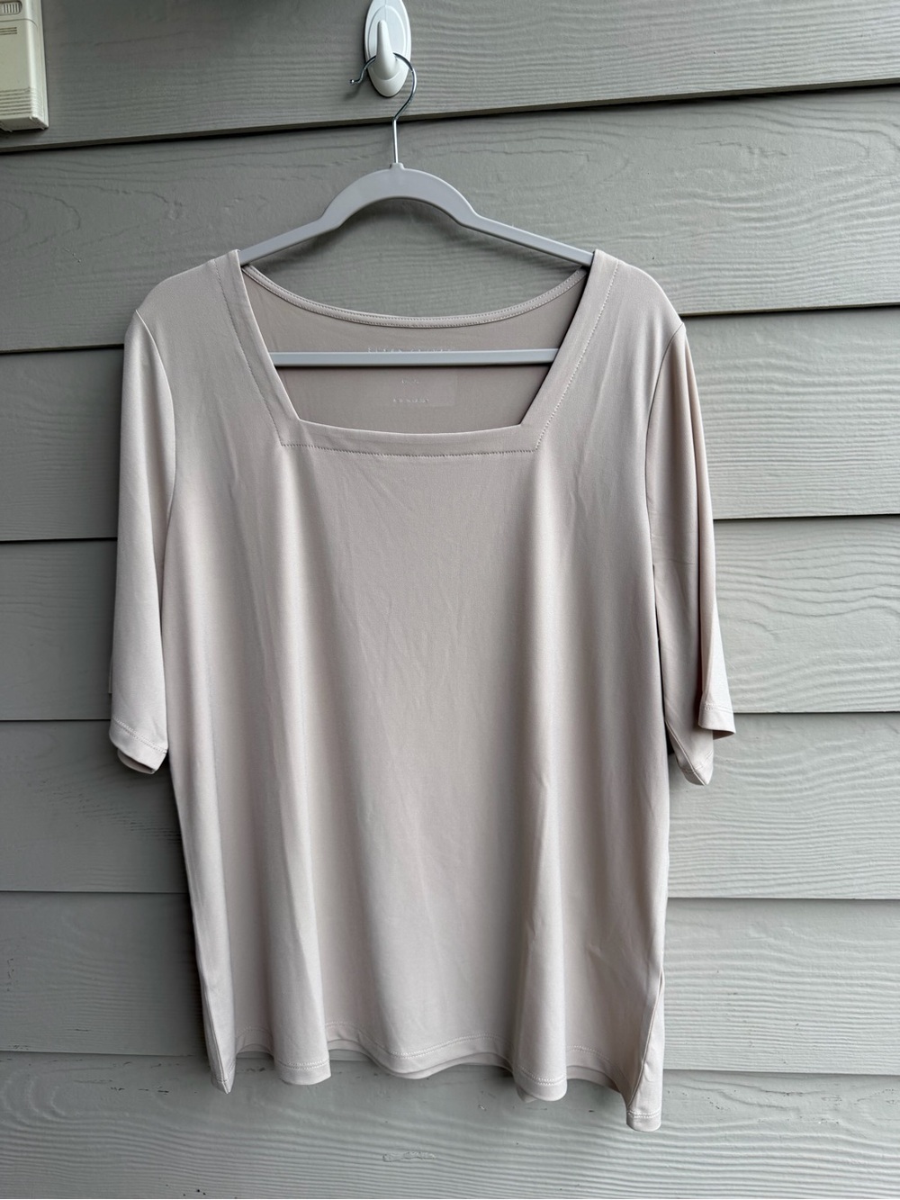 Susan Graver Square Neck Short Sleeve Top in Light Taupe